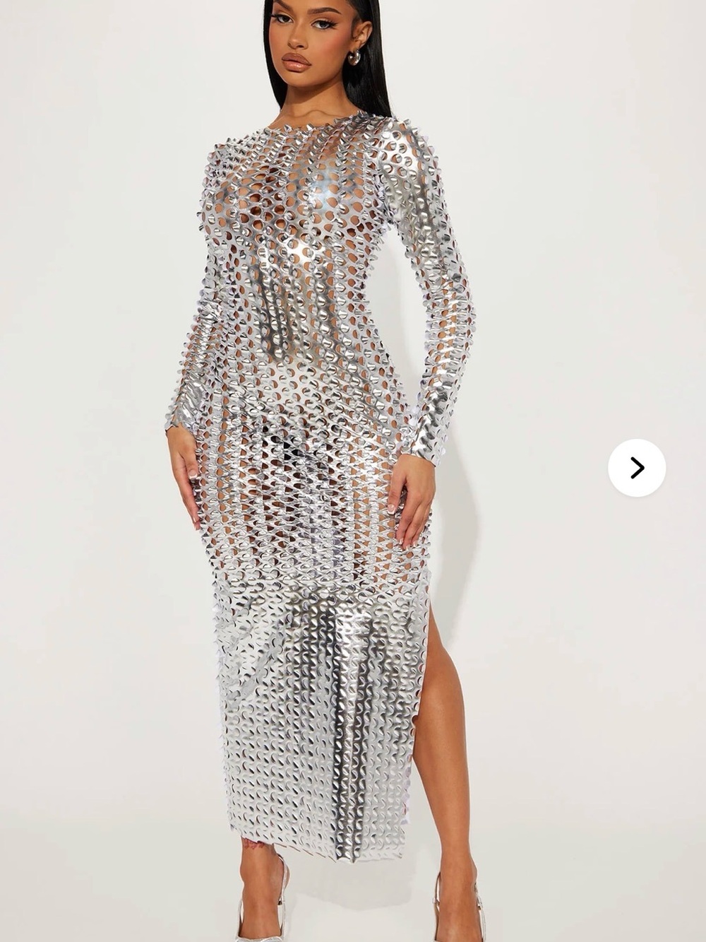 Fashion Nova Silver Metallic Long Sleeve Cutout Maxi Dress